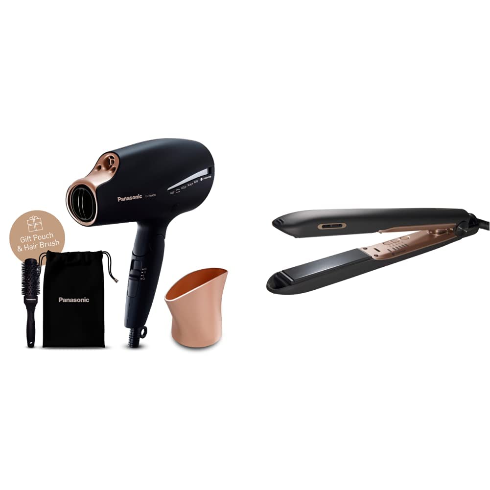 Panasonic EH-NA98 Nanoe Hair Dryer & EH-HS99 Nanoe Hair Straightener Set - Advanced Double Mineral Technology with Temperature Control for Shiny, Healthy Hair - Perfect for Home Salon, Travel & Professional Styling (Black/Rose Gold)