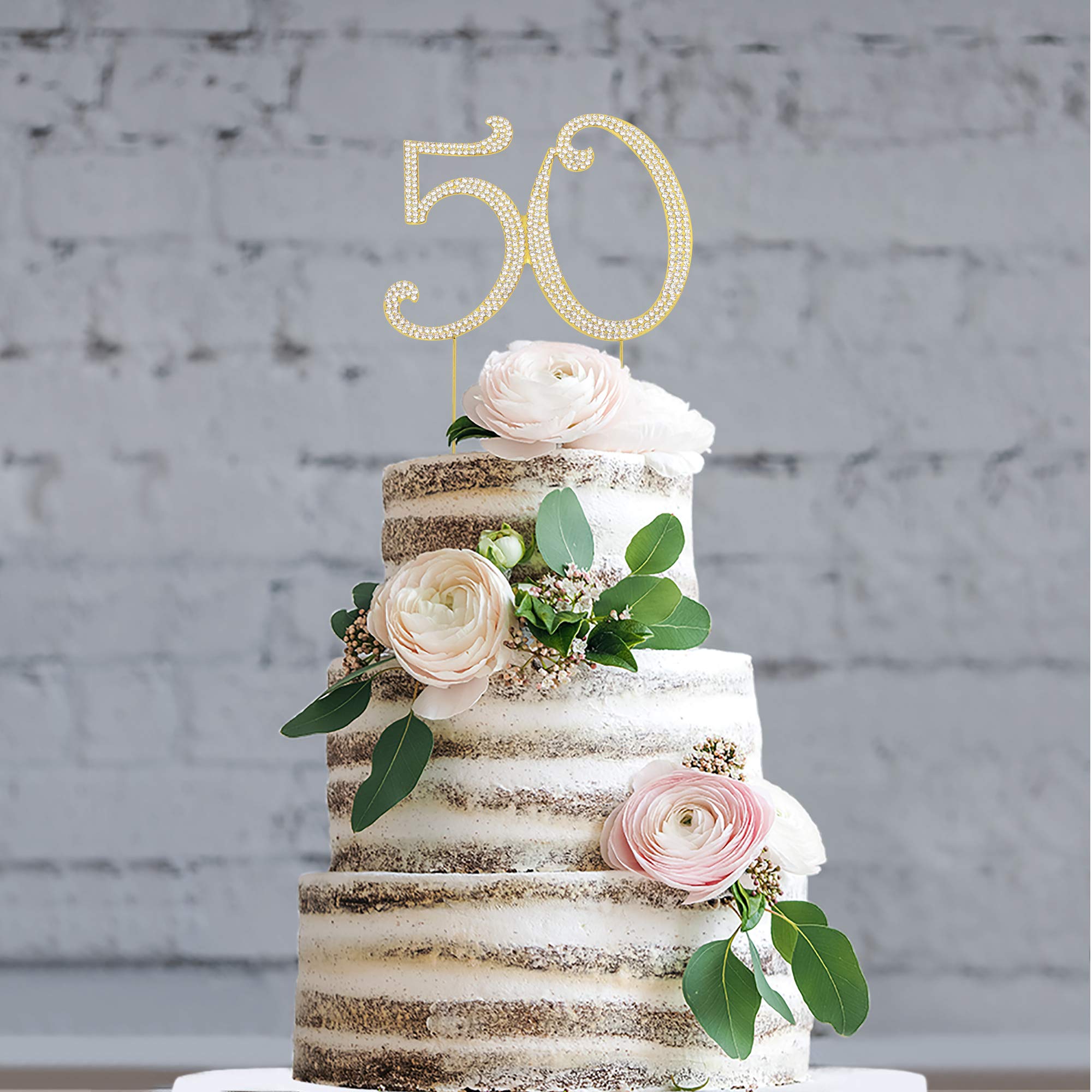 50th Birthday Cake Topper - Premium Gold Metal with Sparkly Rhinestones - Elegant Golden Anniversary Party Decoration & Centerpiece - Comes in Protective Box - Perfect for Milestone Celebrations & Wedding Anniversaries