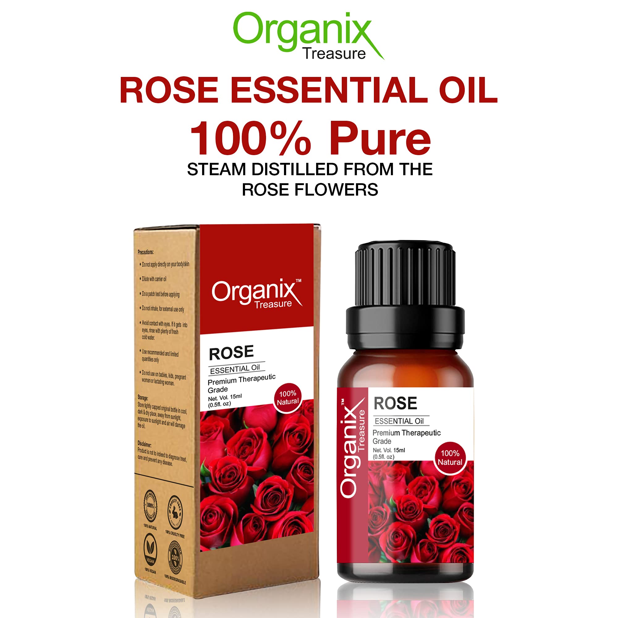 Pure Rose Essential Oil 15ml - Therapeutic Grade for Skin & Hair Care
