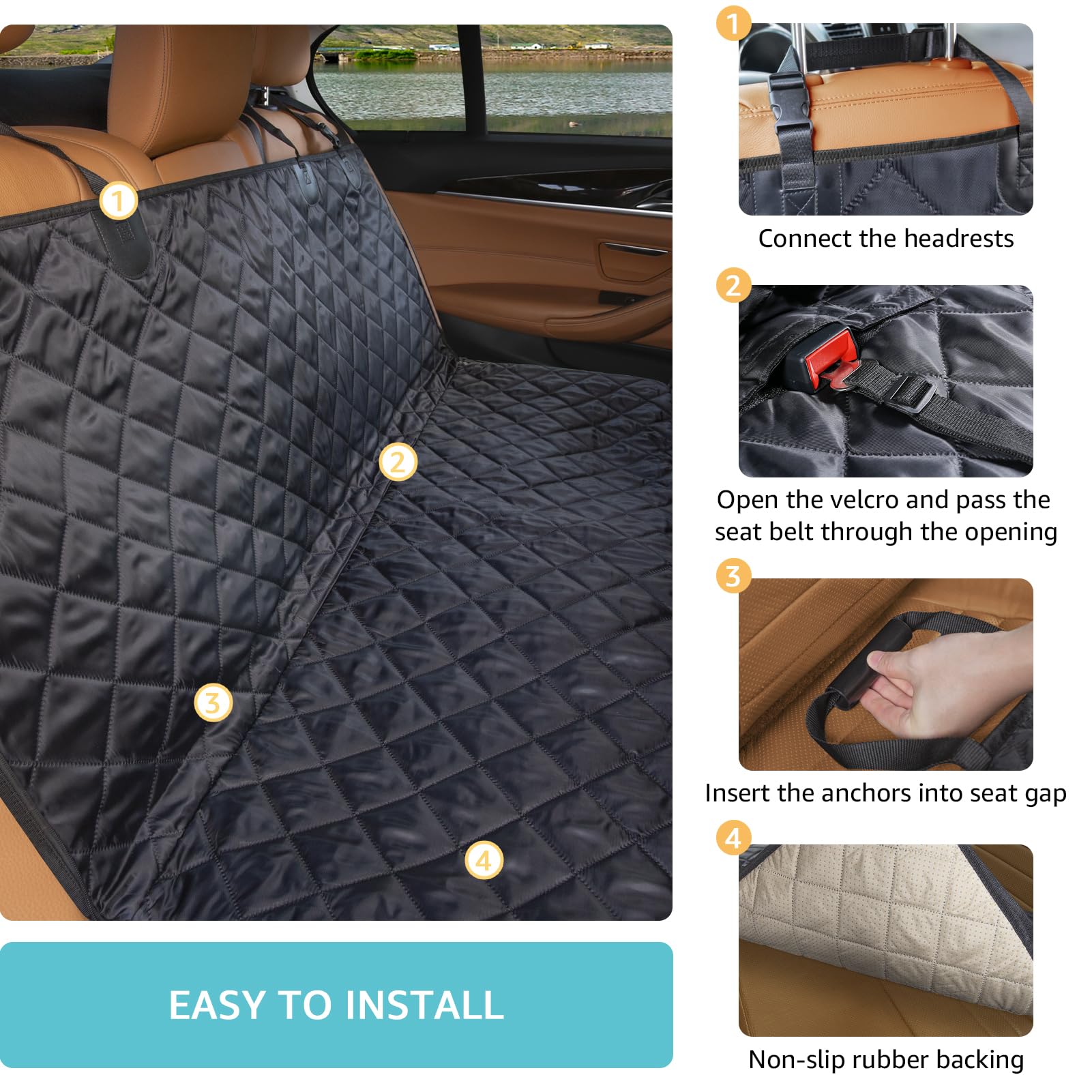 Waterproof Dog Car Seat Cover - Durable Scratchproof Nonslip Pet Hammock for Back Seat with Mesh Window | Universal Fit for All Vehicles | Perfect for Road Trips & Daily Commutes (Black, Standard Size)