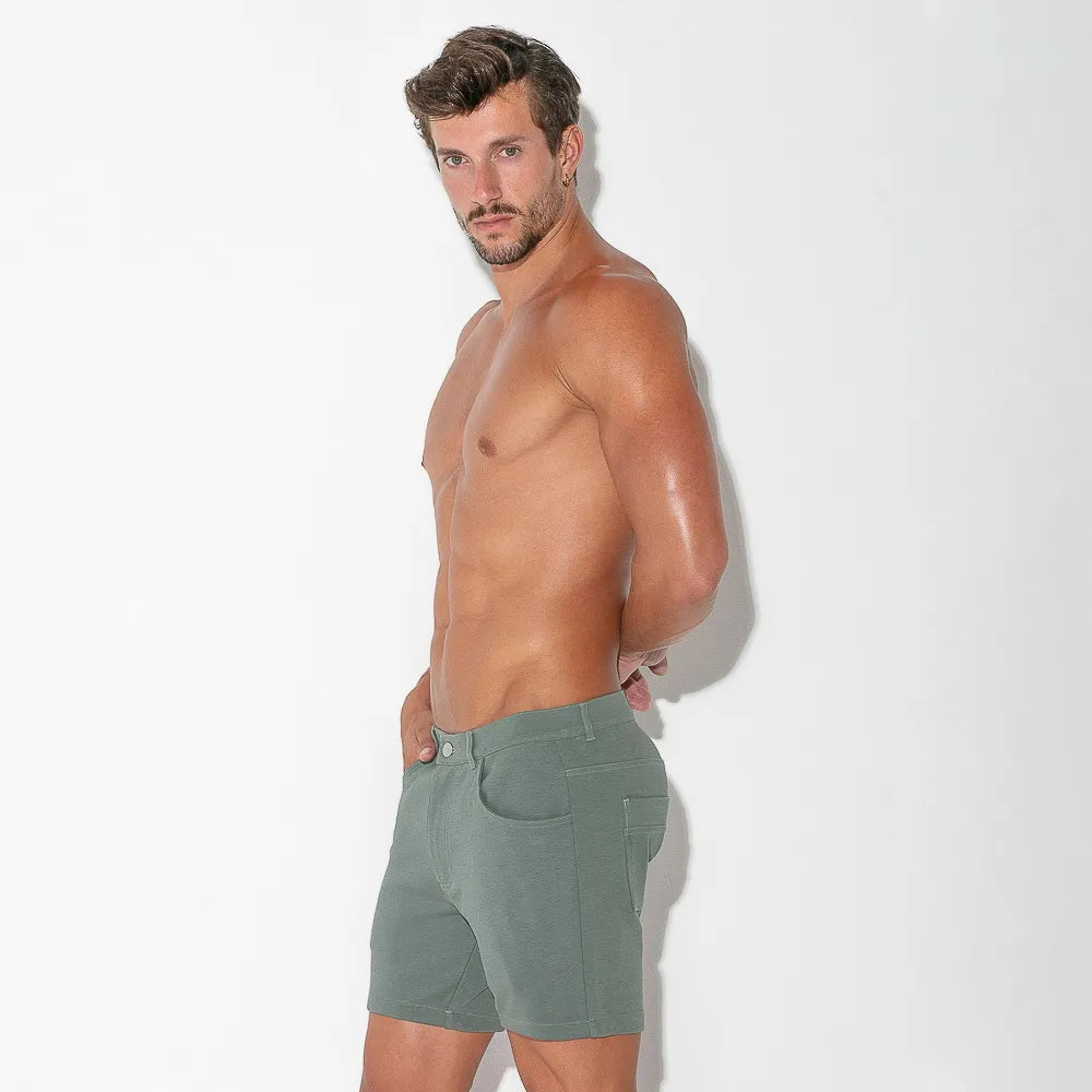 Code 22 Slim Fit 5-Pocket Stretch Shorts 9712 in Khaki Sage - Comfortable Men's Casual Shorts for Summer, Gym, and Outdoor Activities