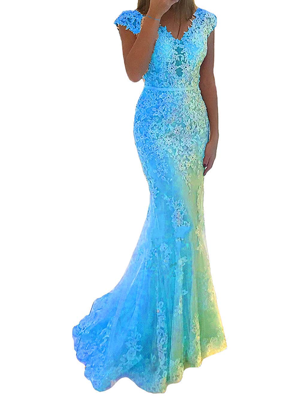 Elegant V-Neck Beaded Lace Tulle Mermaid Evening Gown for Women - Perfect for Prom, Wedding Guest, and Formal Occasions