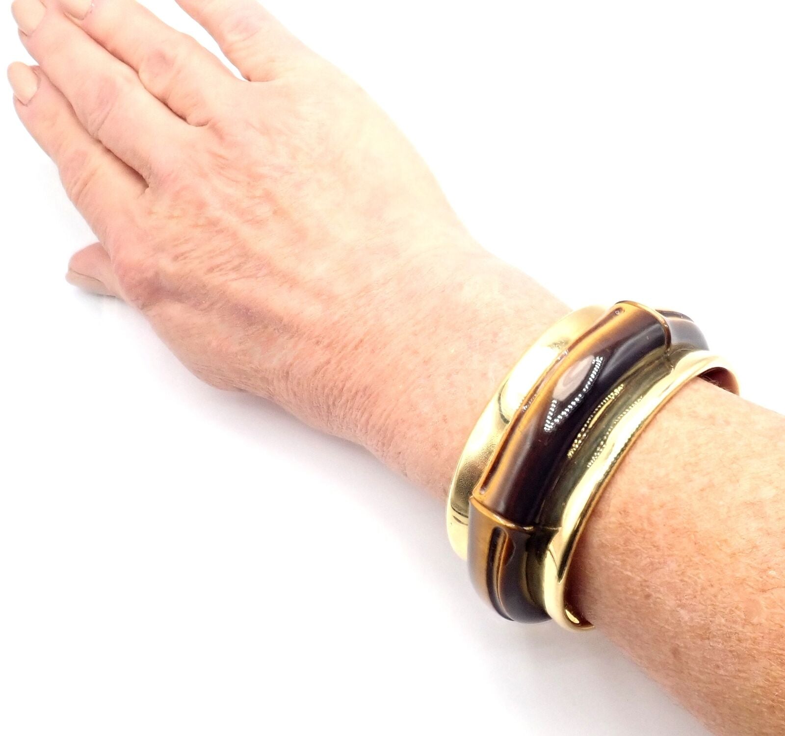 Authentic Tiffany & Co 18K Yellow Gold Tiger Eye Bangle Cuff Wide Bracelet for Women - Luxury Statement Jewelry for Parties, Weddings & Special Occasions