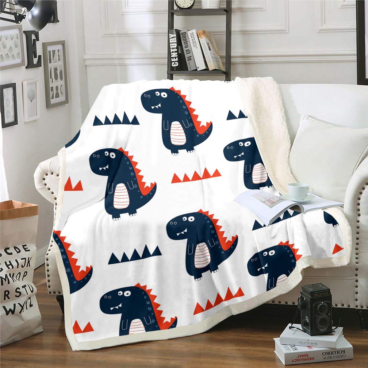 Dinosaur Plush Blanket for Kids - Soft Fleece Sherpa Throw with Cute Cartoon Dino & Jungle Animal Patterns - Blue Red Geometric Triangle Design - 87