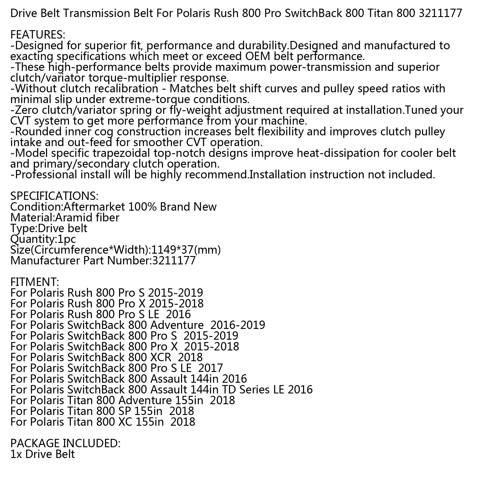 Polaris 3211177 Drive Belt Replacement for Snowmobile Rush Pro S X Switchback Titan 800 - High Performance Snowmobile Belt for Winter Riding & Trail Adventures