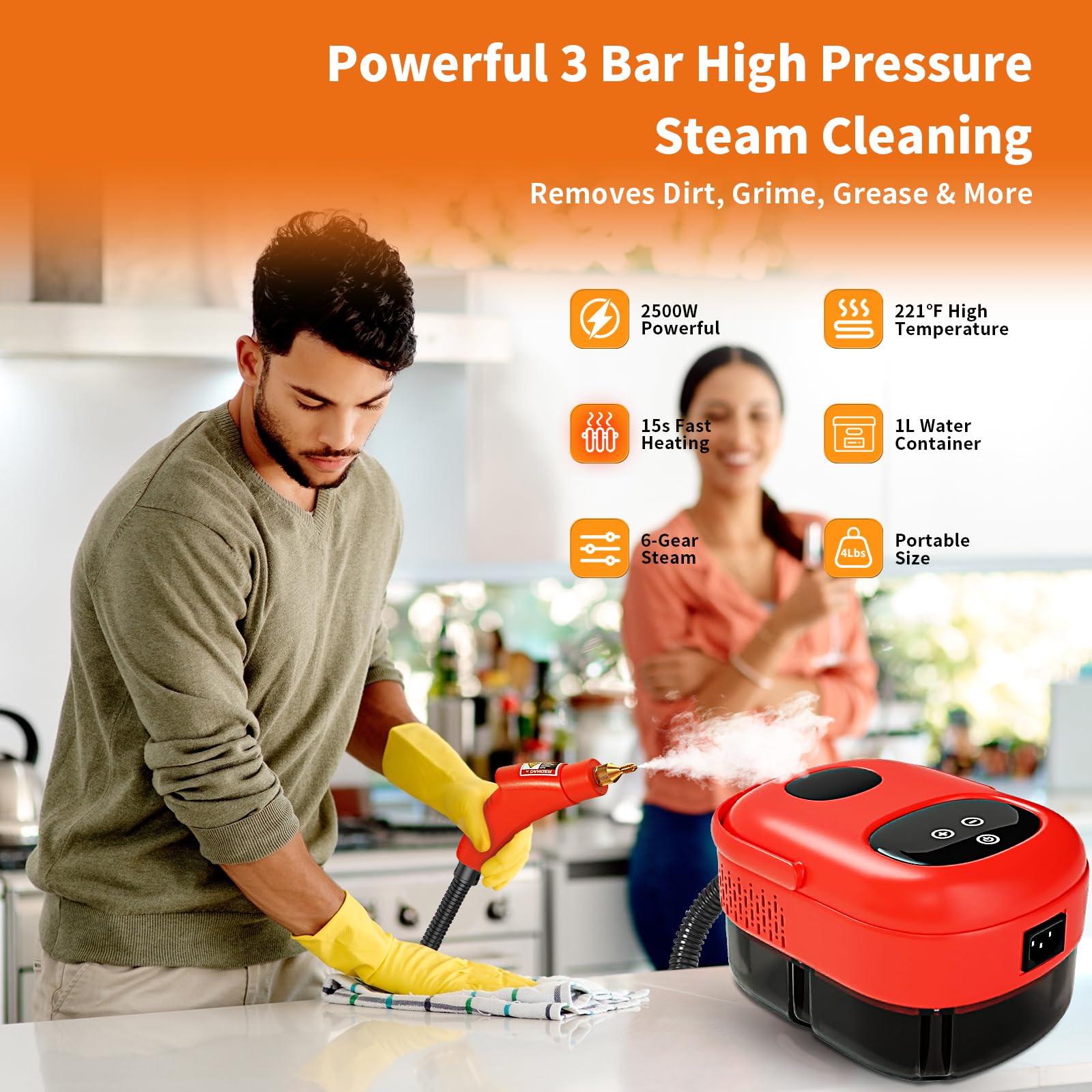 AnRui 2500W Portable Steam Cleaner - High Pressure Handheld Steam Mop for Home, Kitchen, Bathroom - Fast 15-Second Heating with 3 Brush Attachments (Red) | Perfect for Deep Cleaning Floors, Tiles, Grout, Upholstery & Sanitizing Surfaces Without Chemicals