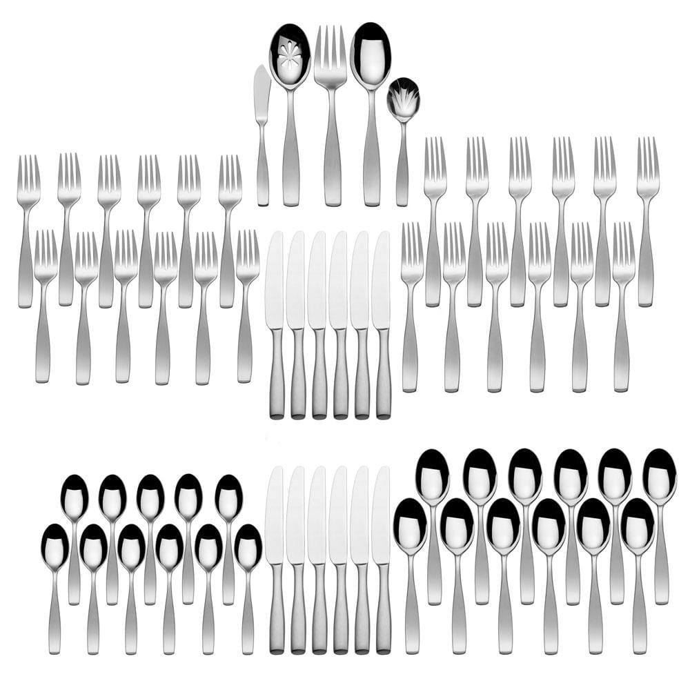 65-Piece Satin Loft Flatware Set - Service for 12 - Stainless Steel Silverware for Fine Dining, Dinner Parties & Wedding Registry | Elegant Table Setting for Holidays & Special Occasions