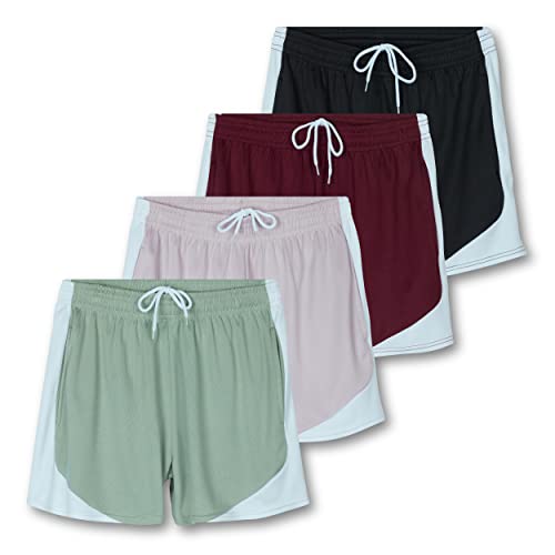 Real Essentials 4 Pack Women's Workout Shorts - Breathable Athletic Mesh Running Shorts with Pockets for Yoga, Gym & Lounge - Plus Size Available