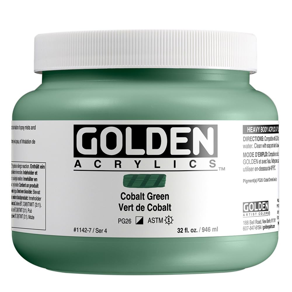 GOLDEN Heavy Body Acrylic Paint - Cobalt Green (32 fl. oz Jar) | Professional Semi-Opaque Artist Paint for Canvas, Murals & Mixed Media Art Projects