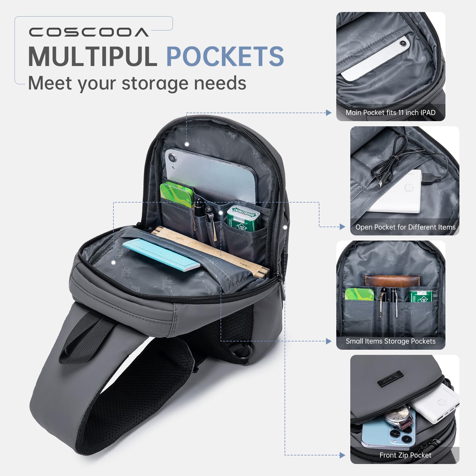 Anti-Theft Sling Bag for Women & Men - Crossbody Chest Backpack with USB Charging Port - PU Leather Shoulder Daypack for Travel, Outdoor, Sports & Casual Use