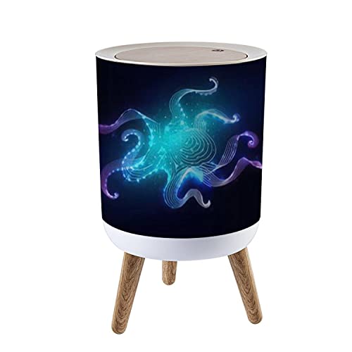 Blue Octopus Small Trash Can with Lid - Press Cover Round Waste Bin with Wood Legs for Kitchen, Bathroom, Bedroom & Office - Cute Marine Animal Themed Garbage Bin for Home Decor and Waste Management