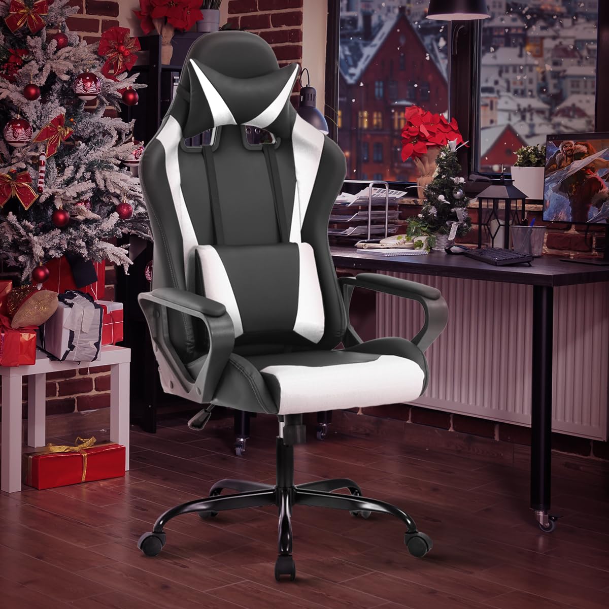 Ergonomic Gaming Chair for Adults & Kids - High Back Office Computer Chair with Adjustable Height, Lumbar Support, Headrest & Reclining Function - Perfect for Gaming, Working & Studying - White