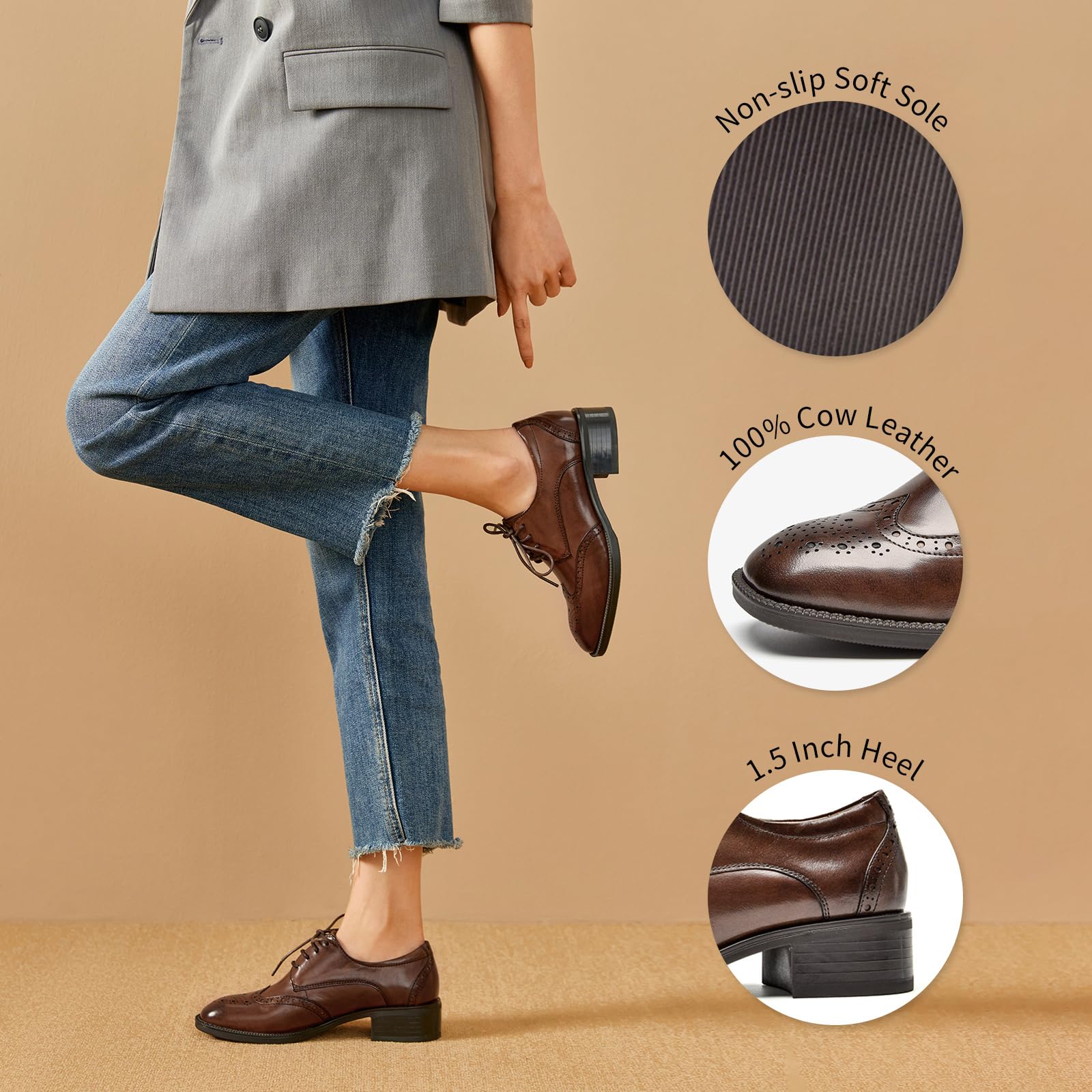 BEAU TODAY Women's Leather Oxford Brogue Dress Shoes - Breathable Wingtip Lace-Up Handmade Business Shoes for Work & Office Wear | Professional & Formal Occasions