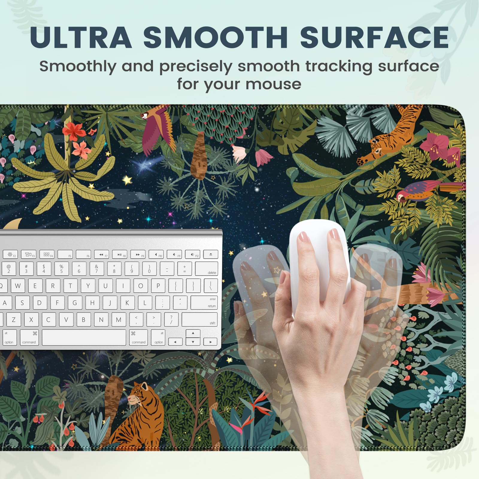 iCasso Midnight Jungle XXL Mouse Pad - Non-Slip Desk Mat with Stitched Edges for Computer, Keyboard & Gaming - Perfect for Office, Home & Gaming Setup (Night Jungle Design)