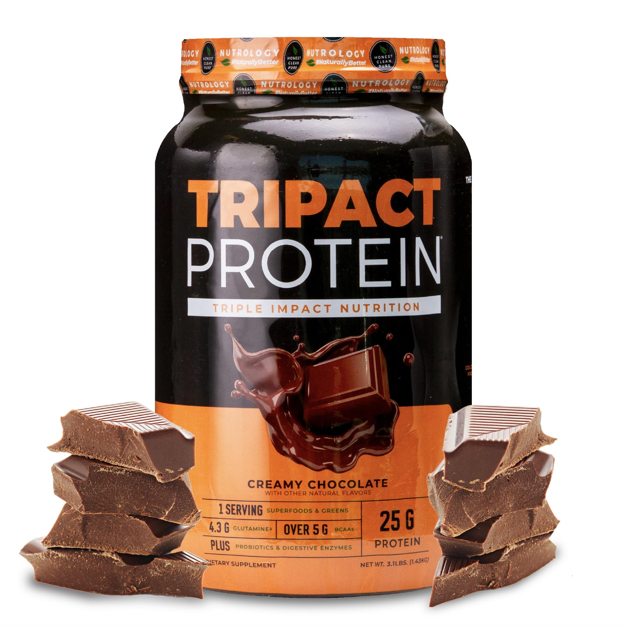 Nutrology TRIPACT Protein Powder - Creamy Chocolate 7-in-1 Meal Replacement Shake with Grass-Fed Whey, Pea Protein, Rice Protein, Greens, Probiotics & BCAAs | 40 Servings for Muscle Recovery, Weight Management & Post-Workout Nutrition | Perfect for Athletes, Fitness Enthusiasts & Busy Professionals