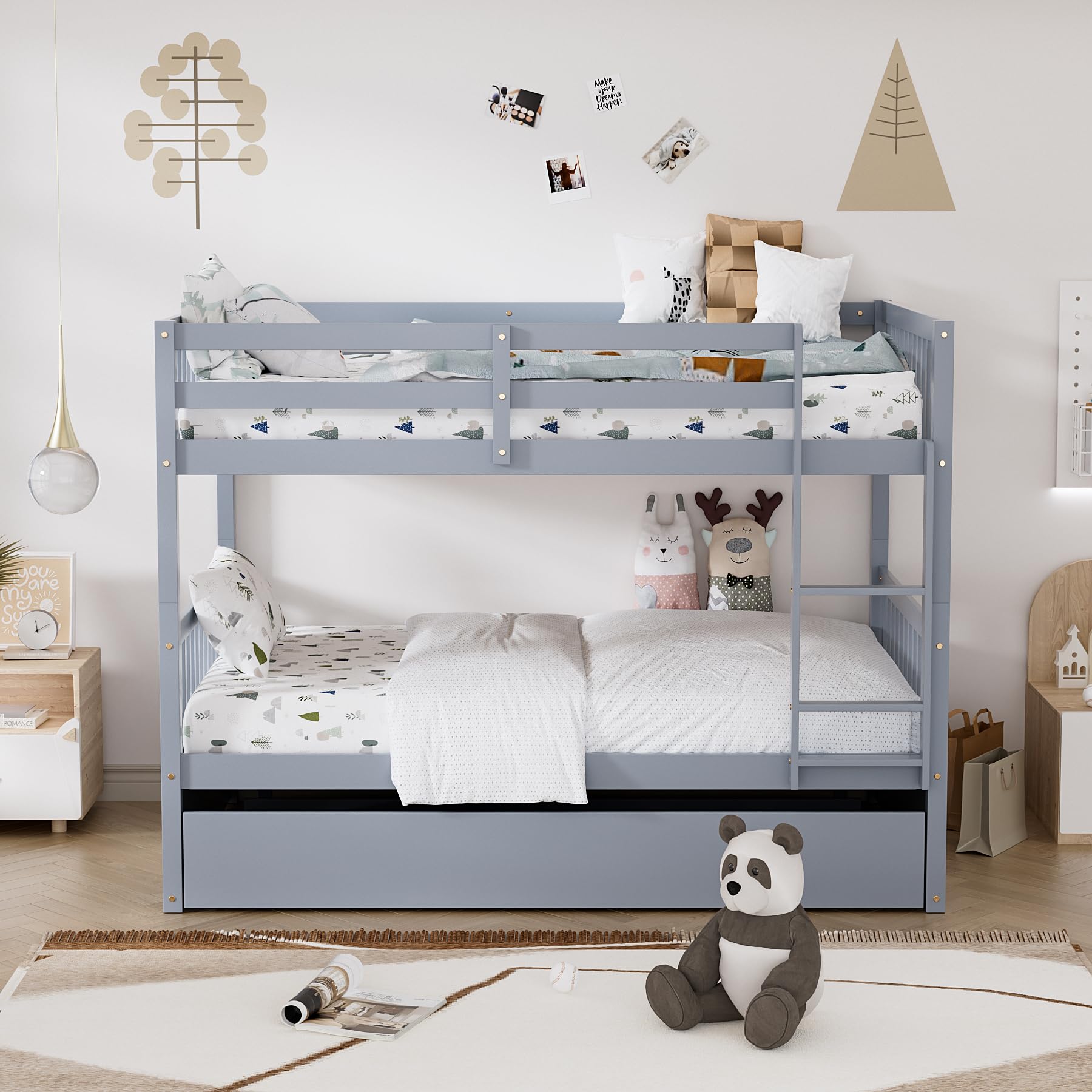 Rophefx Full Over Full Bunk Bed with Trundle - Convertible Wooden Bunk Beds for Kids, Teens & Adults - Sturdy Frame with Safety Rails & Ladder - Space-Saving Grey Bunkbed for Small Rooms, Guest Rooms & Vacation Homes