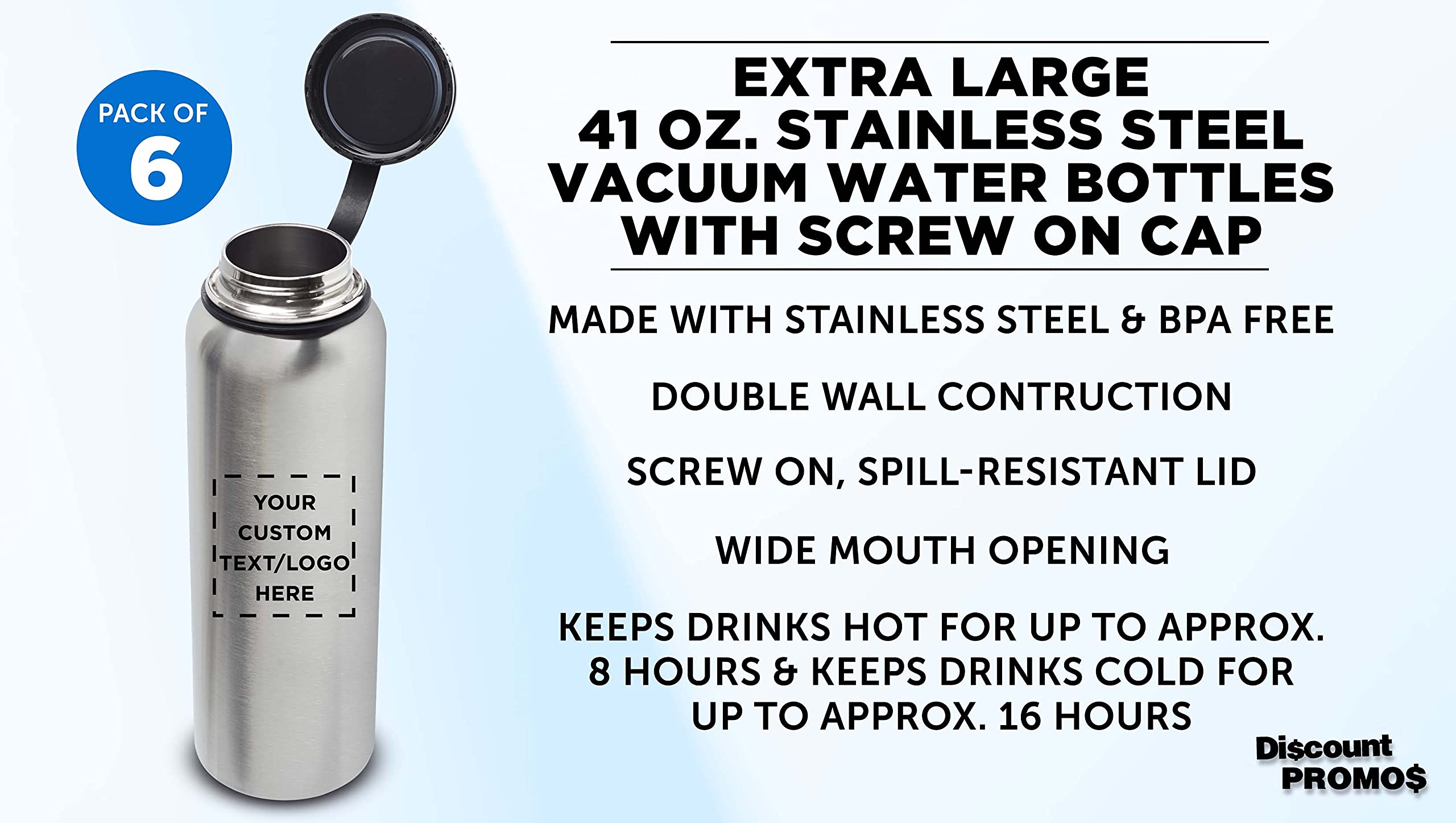 6-Pack 41 oz Stainless Steel Vacuum Insulated Water Bottles - Double Wall, Leakproof, Custom Text & Logo - Silver - Ideal for Gym, Hiking, Office & Travel
