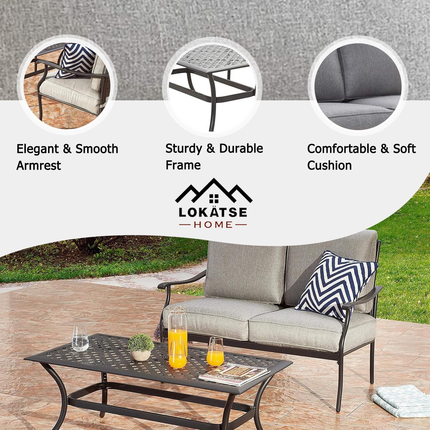 LOKATSE HOME 2-Piece Outdoor Loveseat Set - Patio Conversation Furniture with Cushions & Coffee Table - Metal Bistro Chair Bench for Garden, Backyard, Deck - Weather-Resistant Gray Set for Relaxing & Entertaining