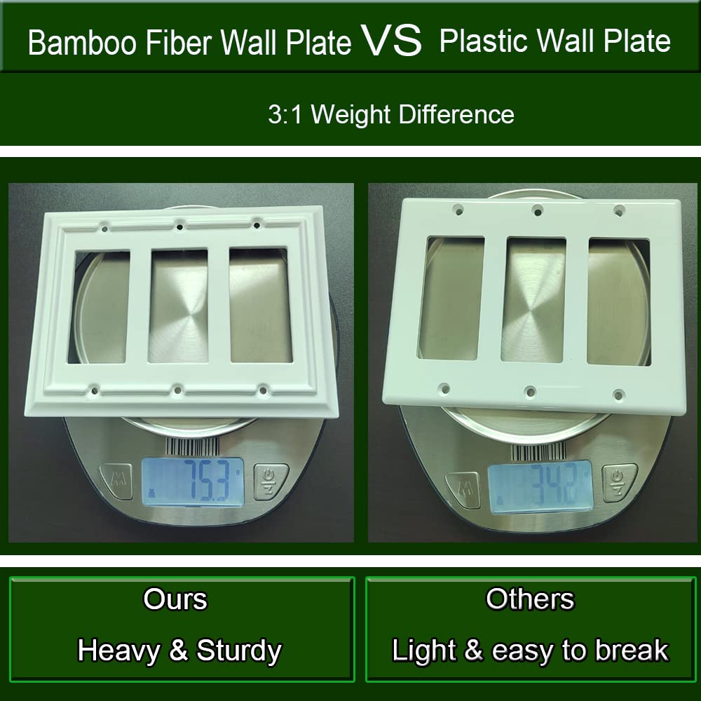 Bamboo Fiber Wall Plates - Standard Size Light Switch Covers & Outlet Plates - White 3 Gang Decorator (1 Pack) - Durable & Stylish for Home, Office & Commercial Spaces