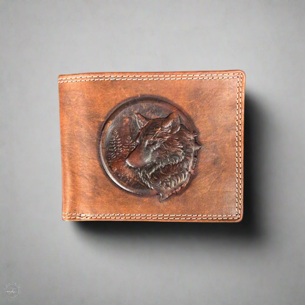 Men's Genuine Cow Leather Wolf Embossed Bifold Wallet - RFID Blocking Slim Wallet for Everyday Carry & Gift