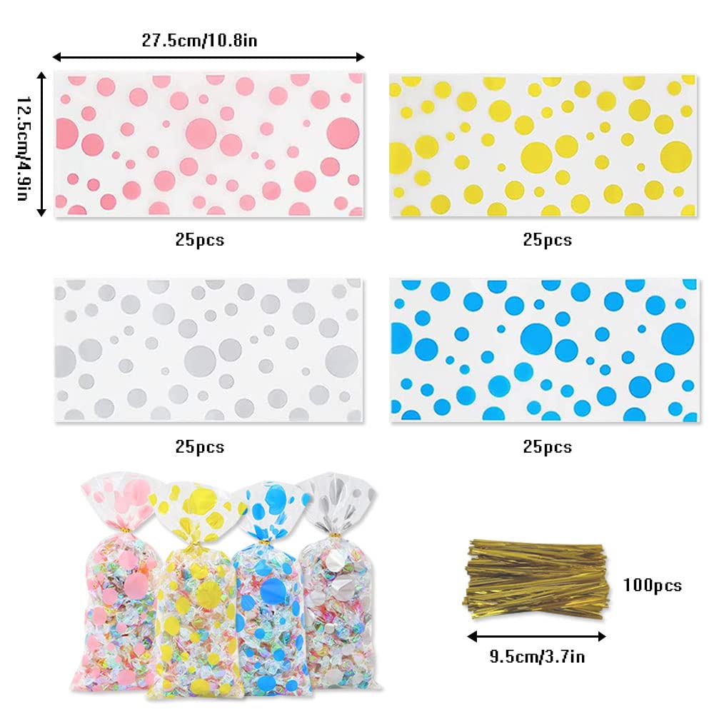 WDNUKEE 100pcs Clear Polka Dot Cellophane Treat Bags - 4 Pattern Plastic Christmas Candy Bags with 100 Twist Ties - Perfect for Holiday Gifts, Party Favors & Sweet Treats Packaging