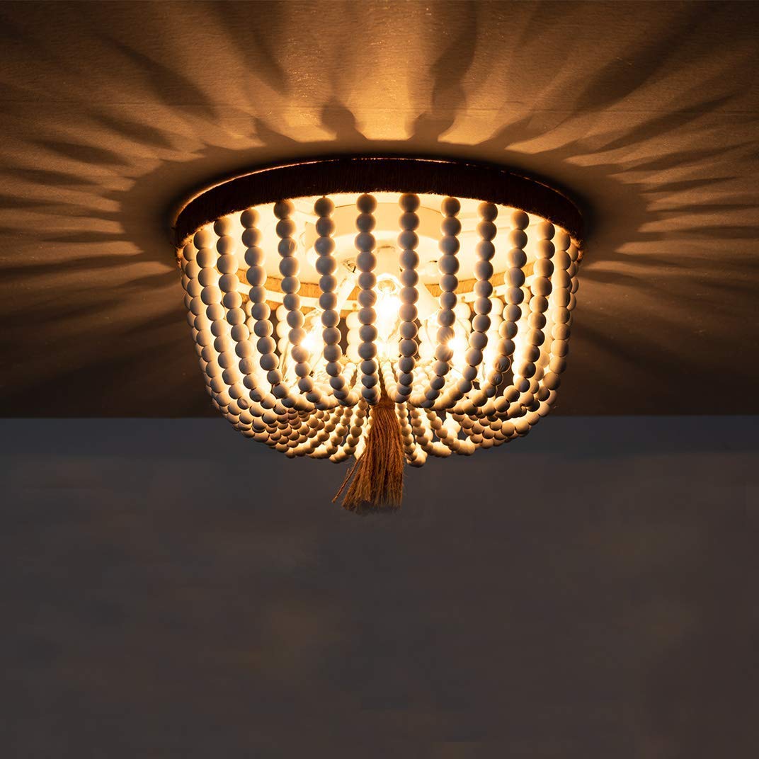 Modern Wood Beaded Flush Mount Ceiling Light & Floor Lamp Set - Natural Wood & Woven Rattan Design for Living Room, Bedroom & Dining Room Lighting Decor