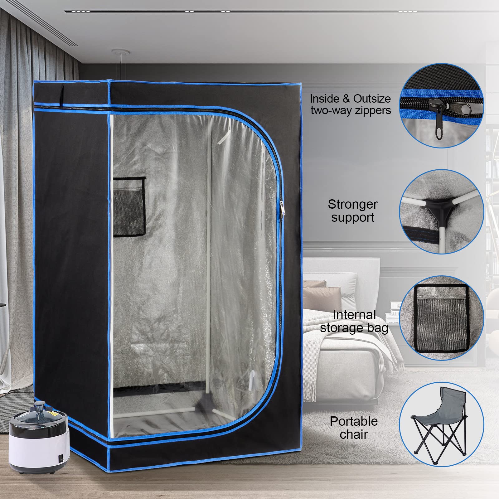 ZONEMEL Full Size Portable Steam Sauna Kit - 1500W Steamer with 4L Capacity, Remote Control & Timer | Foldable Chair Included | Home Spa Relaxation for Detox, Weight Loss & Muscle Recovery