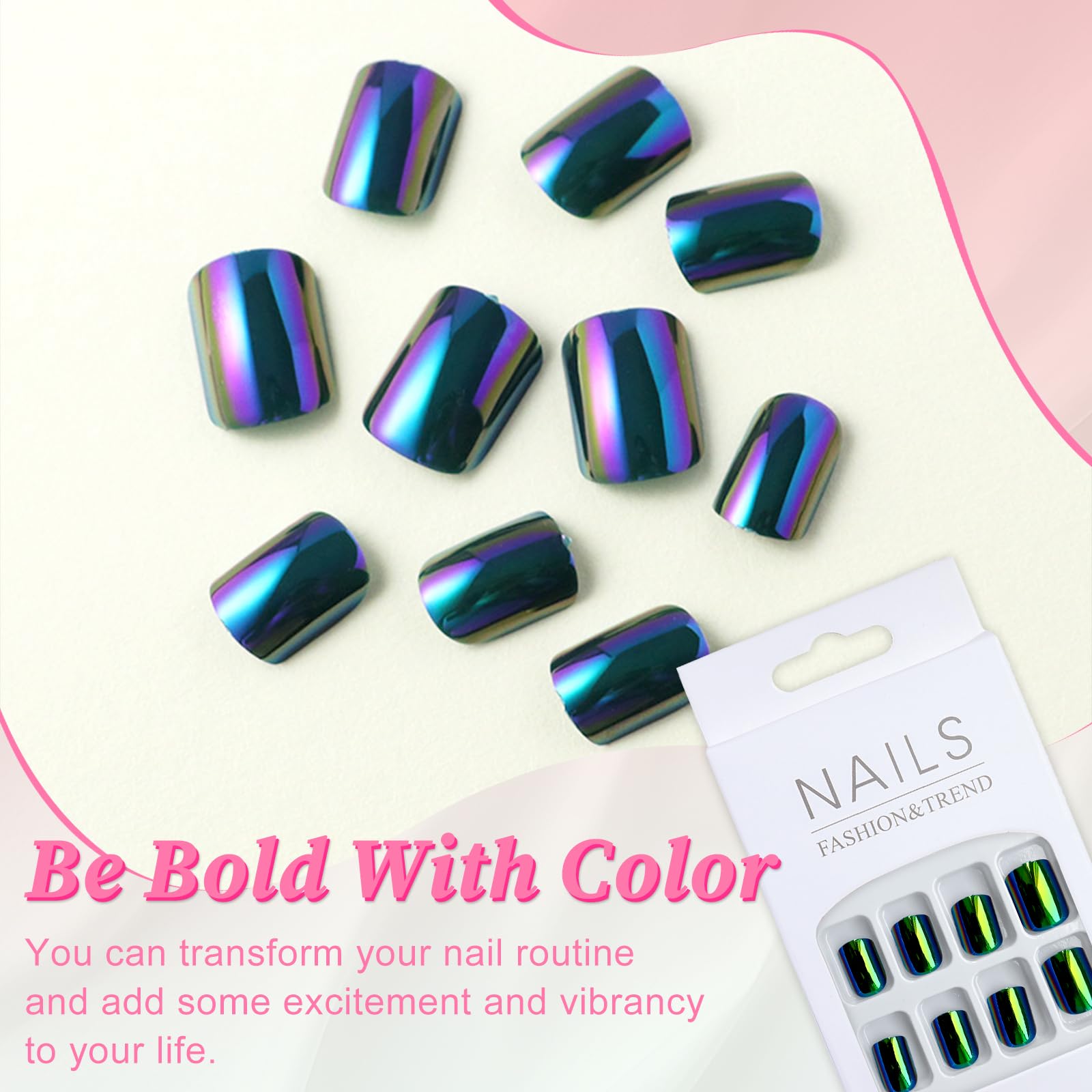 24Pcs Chrome Press on Nails Short Square - Metallic Mirror Green & Purple Fake Nails with Glue | Glossy Stick on Nails for Women | Perfect for Parties, Weddings & Everyday Wear
