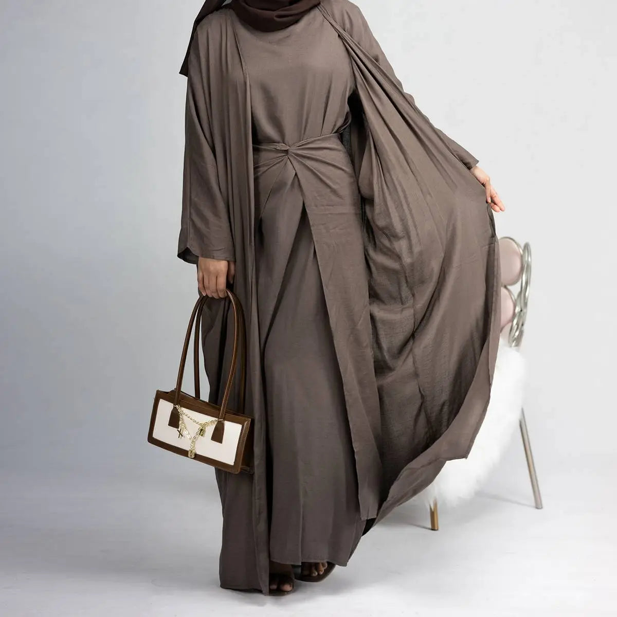 4 Piece Muslim Open Abaya Dress Set with Scarf - Modest Islamic Prayer Outfit for Women, Elegant Loose Flowing Abaya with Mid Wrap & Inner Dress - Perfect for Mosque, Eid, Ramadan & Special Occasions