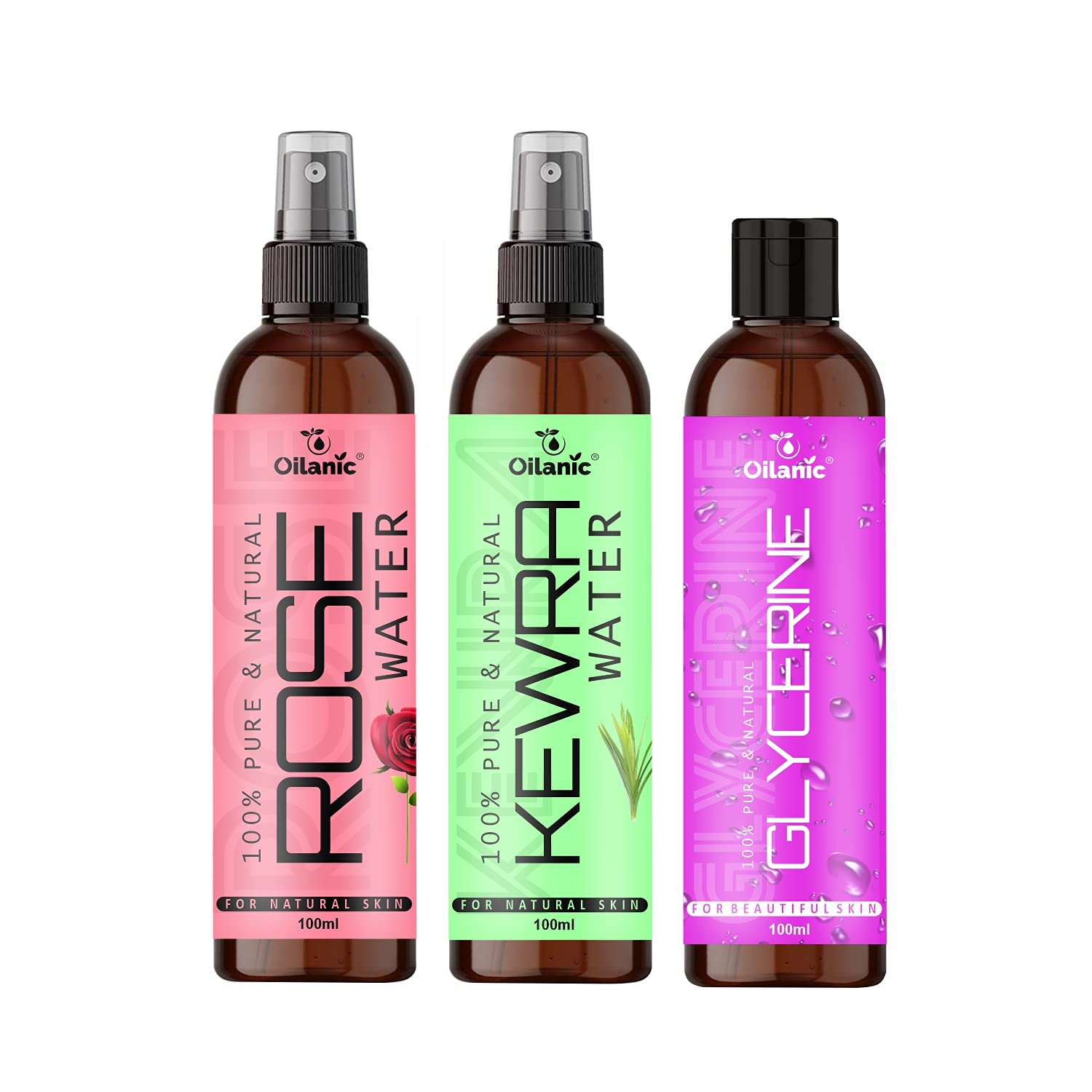 Oilanic Premium Rose Water, Kewra Water & Glycerine Combo Pack (3x100ml) - Hydrating Facial Toner for Men & Women | Perfect for Skincare Routine, Aromatherapy & Natural Beauty Care