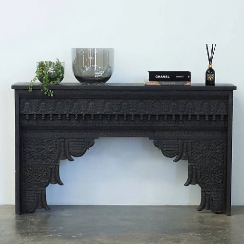 Hand Carved Wooden Console Table - Traditional Indian Black Entryway Table for Hallway, Living Room & Foyer Decor