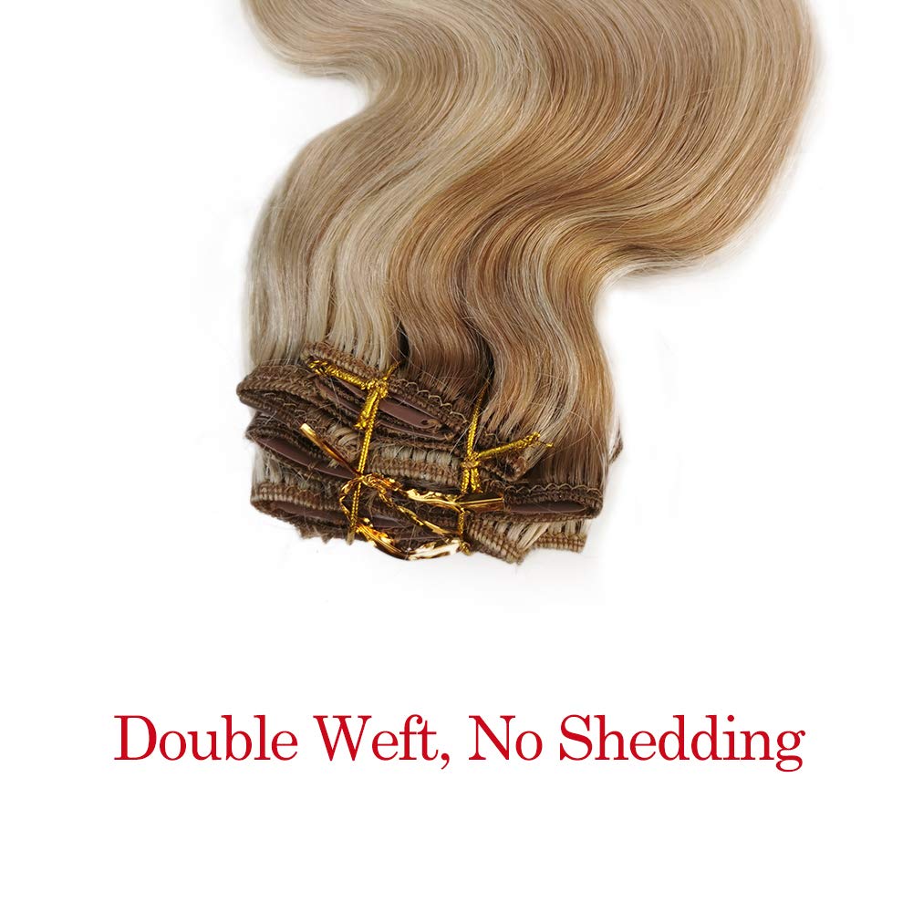 18 Inch Ombre Clip-in Human Hair Extensions - Body Wave Double Weft 100% Real Human Hair - Golden Brown to Bleach Blonde Curly Thick Hair Pieces (140g, 8 Pcs Full Head) - Perfect for White Women for Daily Styling, Parties & Special Occasions