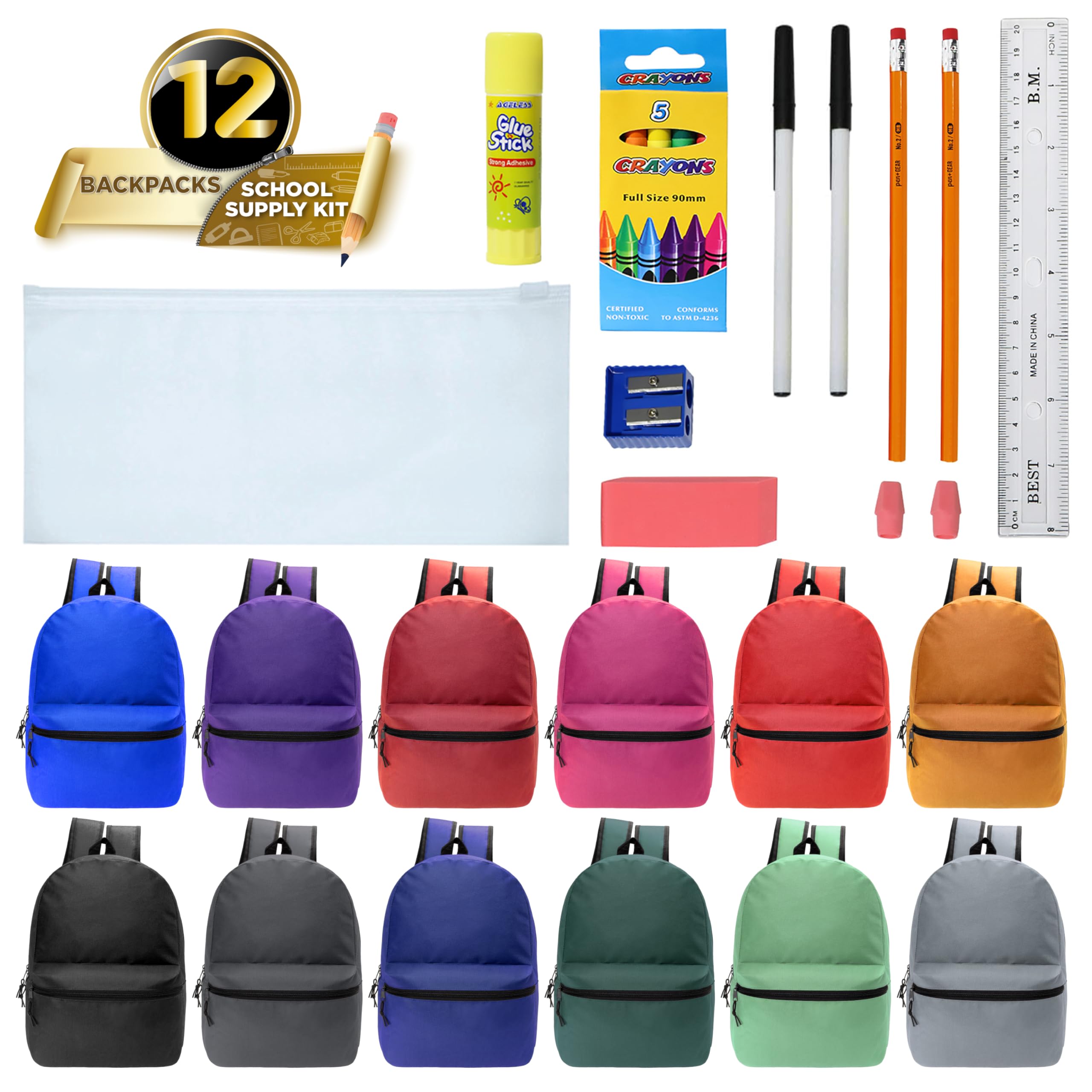 Moda West 17 Inch Bulk Backpacks with 16-Piece School Supplies Kit (Pens, Pencils, Crayons) - Case of 12 Wholesale Backpacks in 12 Colors - Perfect for Back to School, Classroom Supplies & Student Gifts