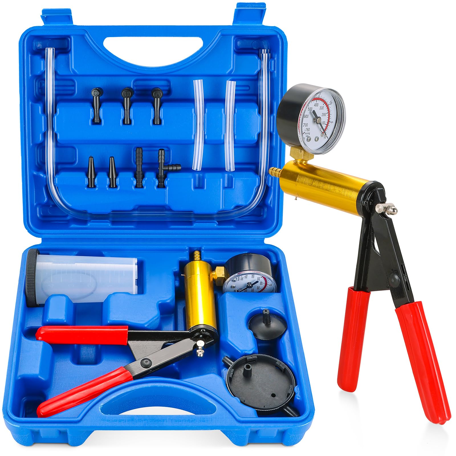 2 in 1 Handheld Vacuum Pump Brake Bleeder Kit - 16 Pcs Motorcycle & Car Brake Fluid Bleeding Tool Set with Pistol Pump Tester for Bike, Truck, ATV - Easy Oil Change & Maintenance (Blue) - Perfect for DIY Garage Repairs & Professional Auto Shops