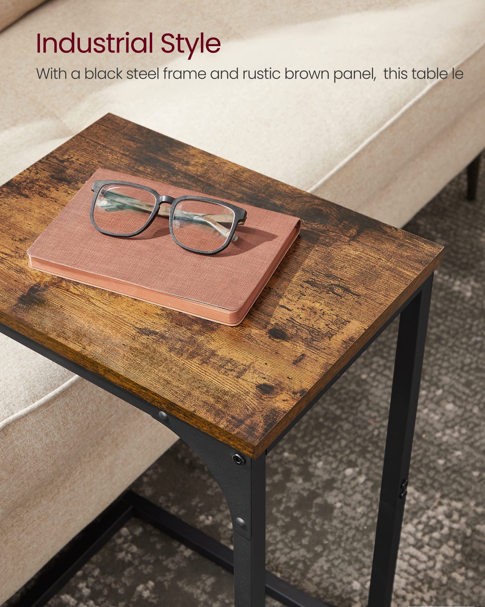 VASAGLE C-Shaped End Table with Metal Frame - Small Side Table for Couch, Sofa, Living Room, Bedroom, Nightstand - Rustic Brown & Black - Perfect for Holding Drinks, Books, and Lamps by Your Bed or Couch