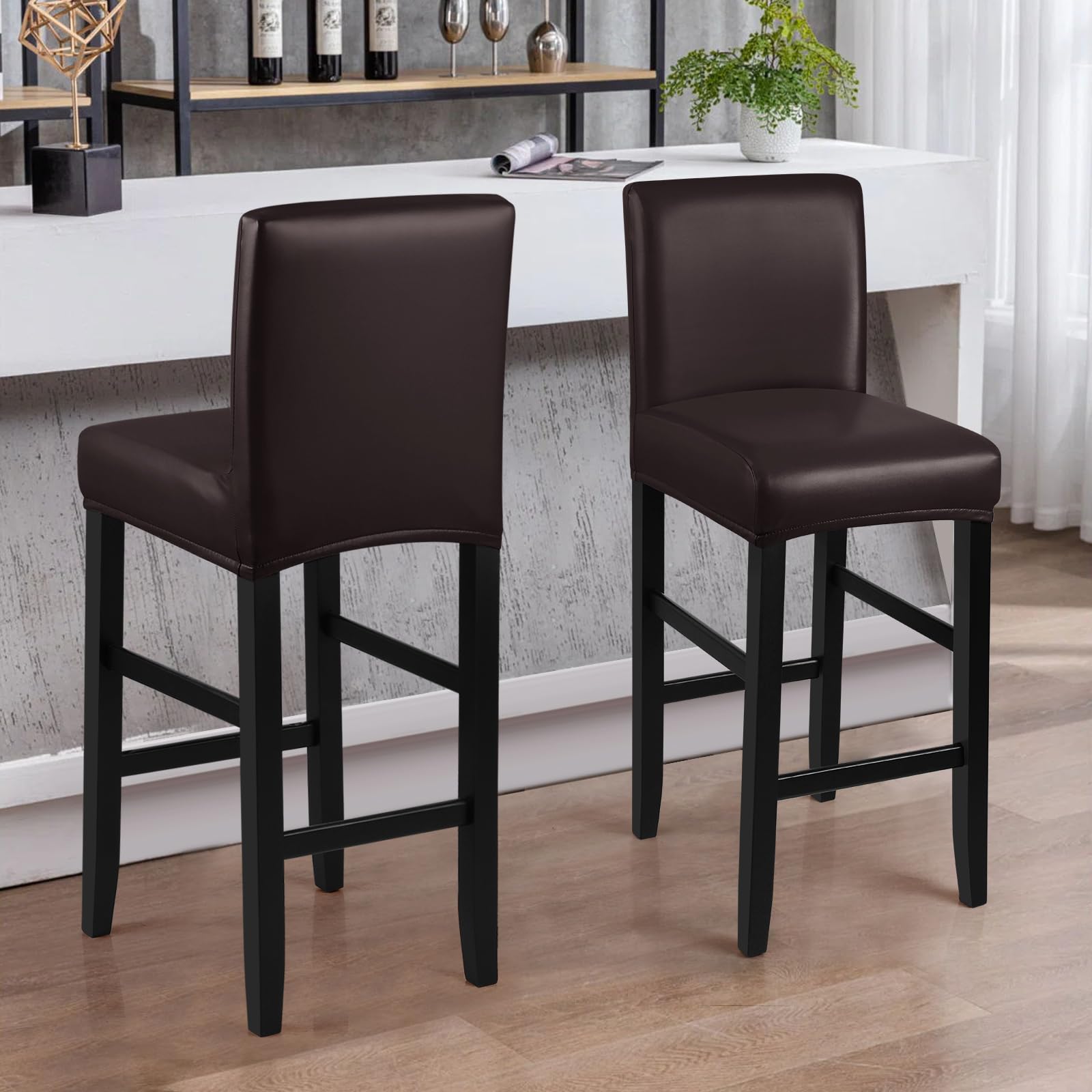 **Waterproof PU Bar Stool Covers 2 Pack - Stretchable, Washable & Removable Slipcovers with Elastic Bands for Kitchen, Dining, or Bar Counter (Coffee Brown) – Perfect for Home, Restaurant, and Cafe Use**