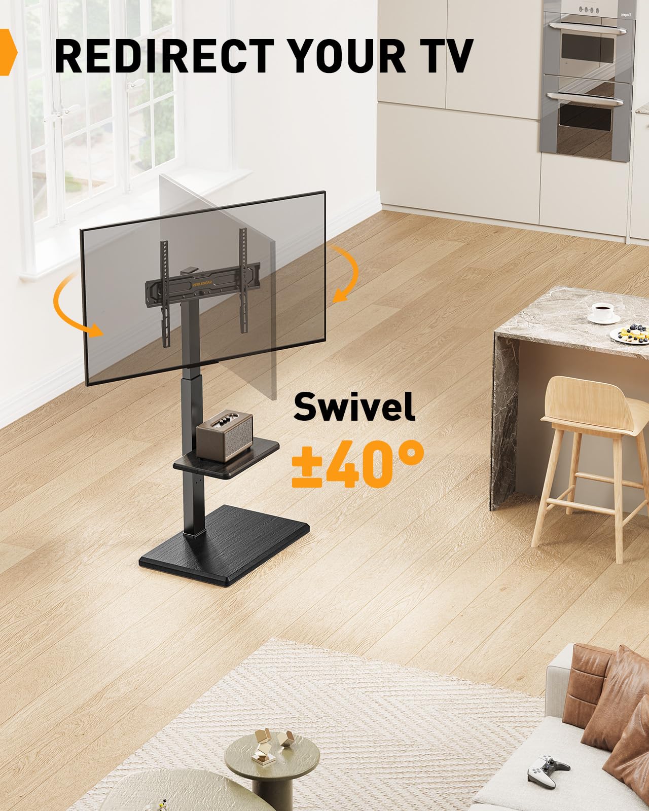 Perlegear Rolling TV Stand with Hidden Wheels - Adjustable Height TV Stand for 30-60 inch TVs (Up to 88 lbs), Wood Base Floor TV Stand with 8 Height Settings & Max VESA 400x400mm - Perfect for Living Room, Bedroom, or Home Theater Setup (Model PGFS14)