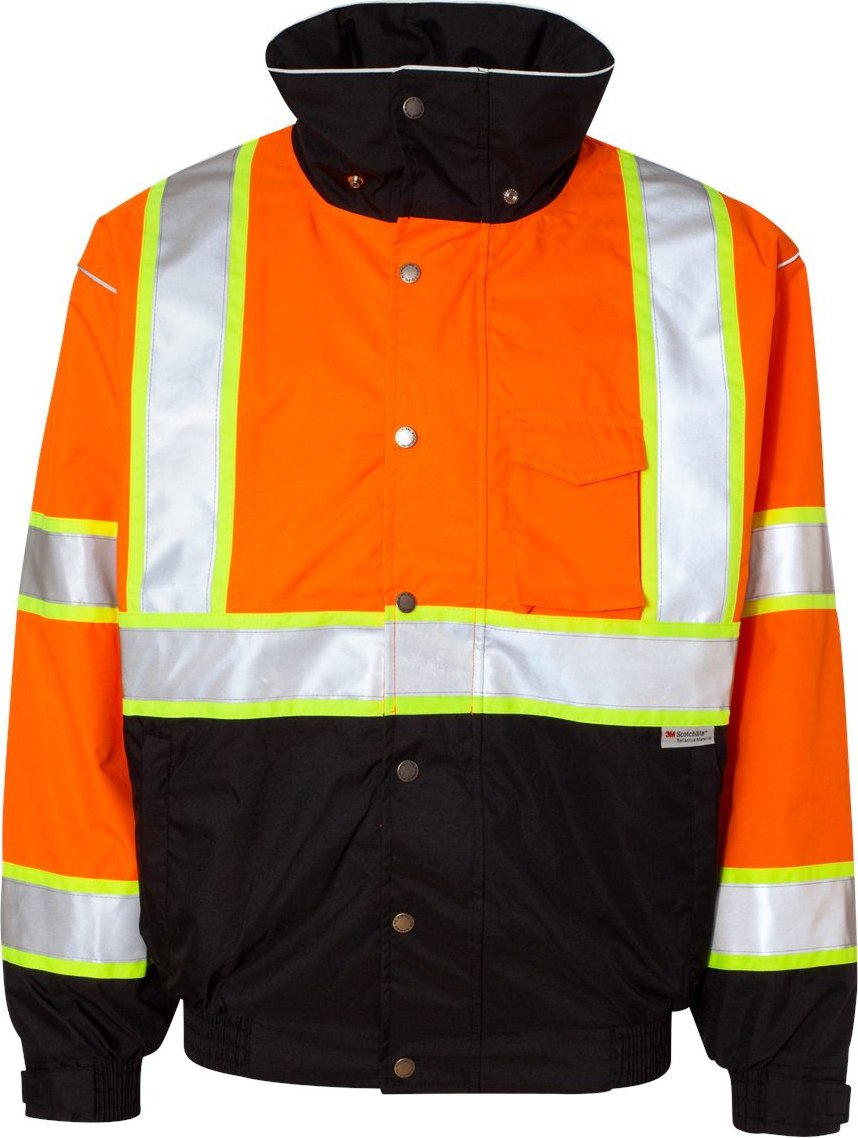 Kishigo JS120 Polyester Brilliant Series Bomber Jacket with Hidden Collar Hood - XL Orange | Lightweight Water-Resistant Windbreaker for Outdoor Activities & Workwear