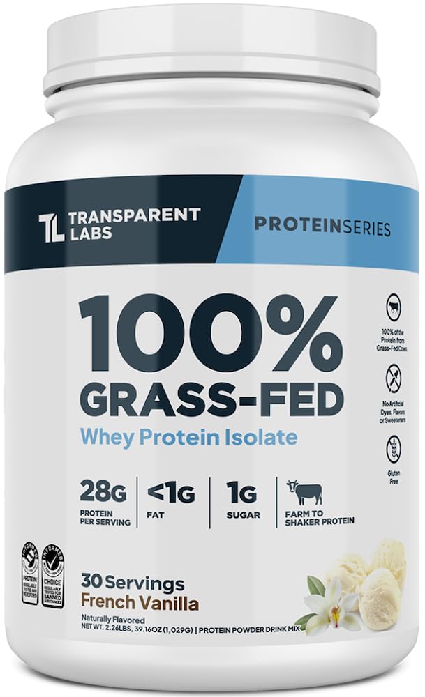 Transparent Labs Grass-Fed Whey Protein Isolate Powder - 28g Protein per Serving, 9 Essential Amino Acids, Gluten Free, Naturally Flavored French Vanilla - 30 Servings for Post-Workout Recovery & Muscle Building