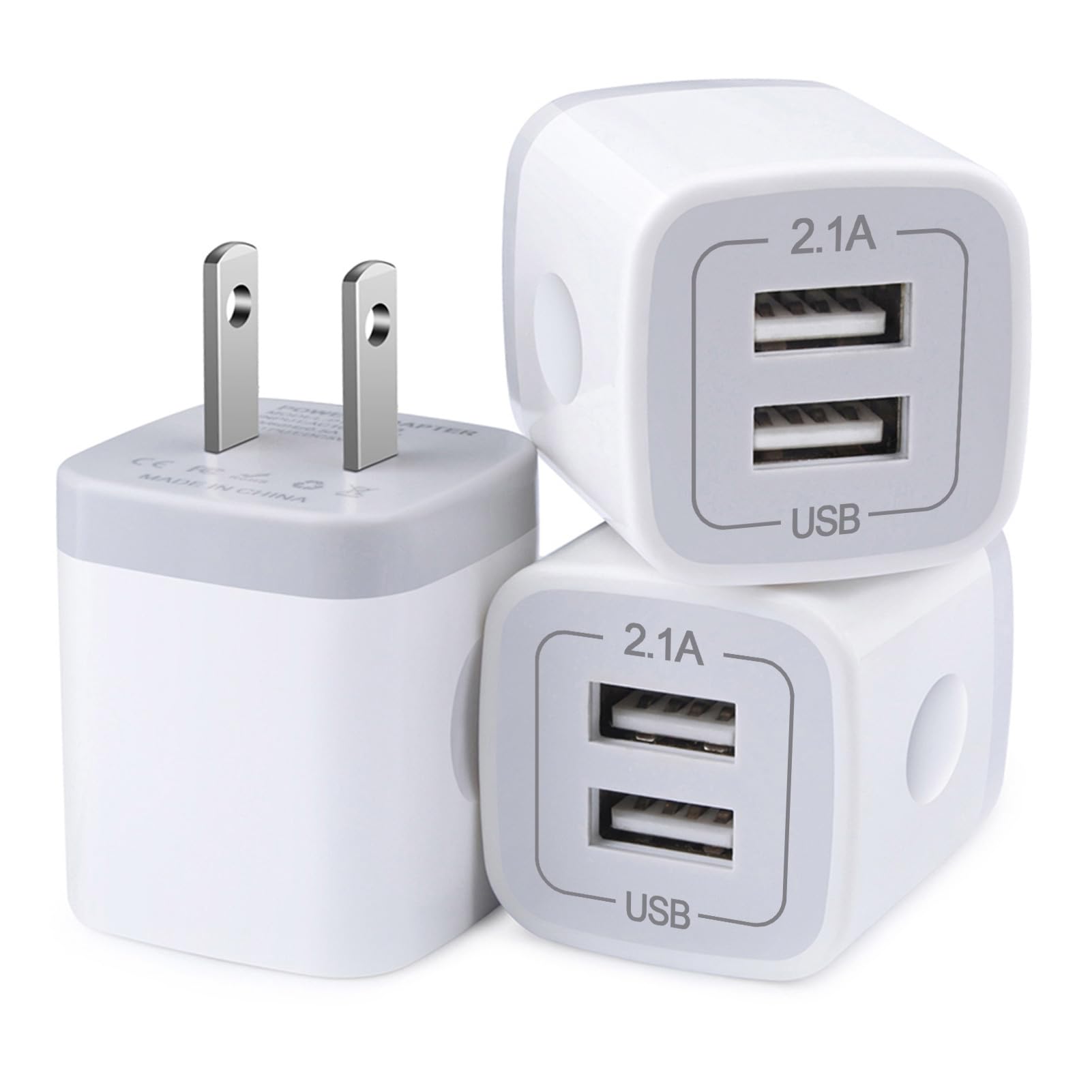 Fast Charging USB Wall Charger Block - Dual Port 2.1A Power Adapter Cube for iPhone 16/15/14/13/12/11 Pro Max/XS/XR/X/8/7/6 & Samsung Galaxy S25 Ultra/A16 (3-Pack) - Perfect for Home, Office & Travel Charging Needs
