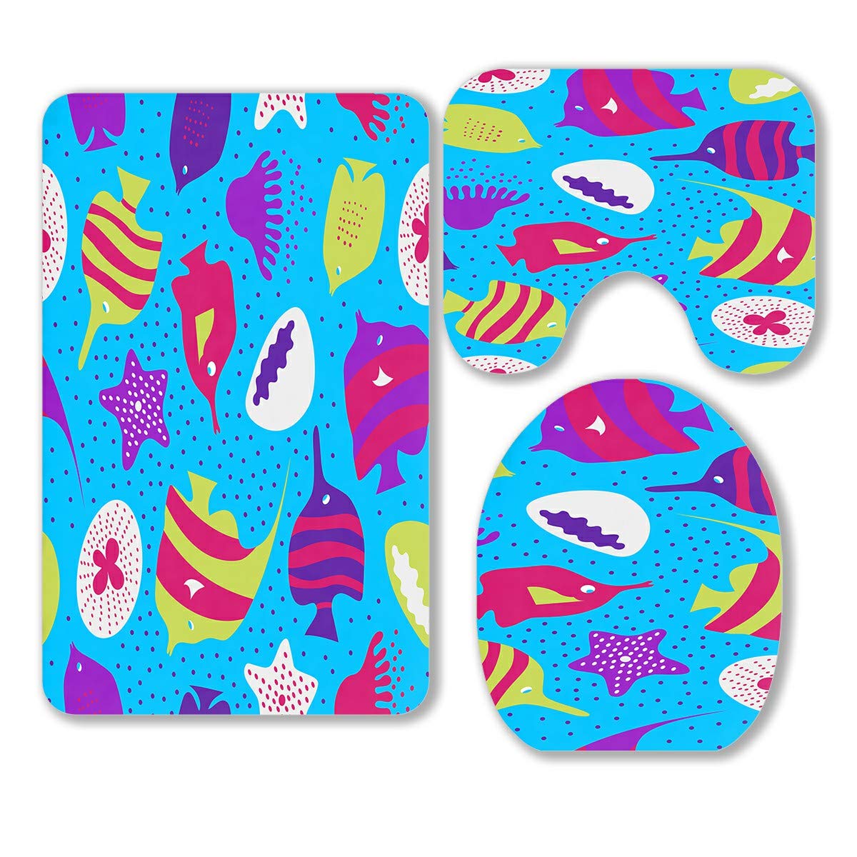 ABPHQTO 3-Piece Bathroom Rug Set with Fishes, Jellyfish & Coral Reef Design - Non-Slip Contour Mat & Toilet Lid Cover for Coastal & Ocean-Themed Bathrooms