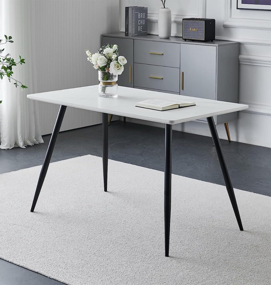 Hallowood Furniture Cullompton Small Rectangular Dining Table - White Marble Effect Top with Black Legs, 4-6 Seater Kitchen Table for Home & Café (47x28 Inches) - Perfect for Small Spaces, Breakfast Nooks & Bistro Dining