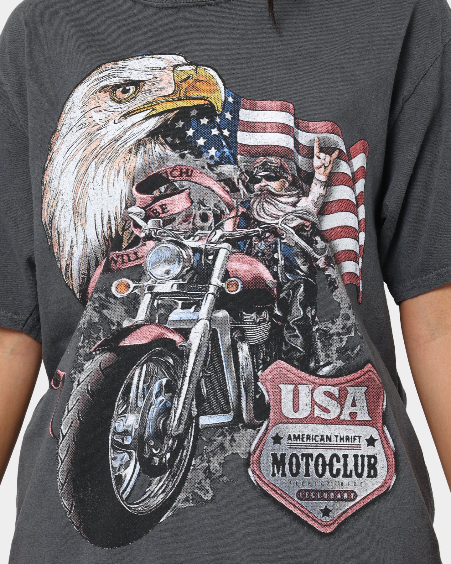 Vintage American Thrift Eagle Moto Club Graphic T-Shirt - Distressed Black Cotton Tee for Motorcycle Riders & Biker Enthusiasts | Casual Streetwear & Club Events