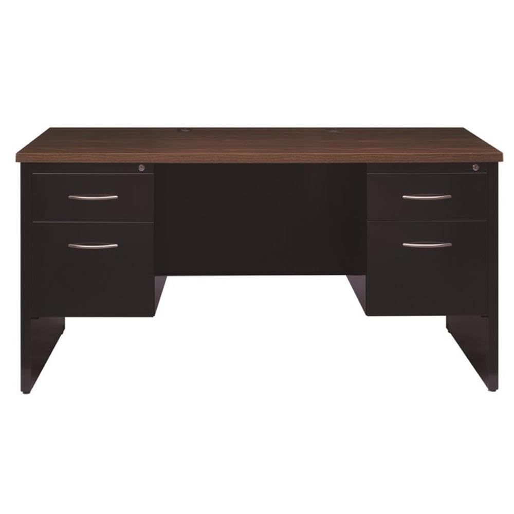 Pemberly Row Double Pedestal Metal Desk with Arch Pull Handles - Black/Walnut Finish for Home Office, Study Room & Workspace