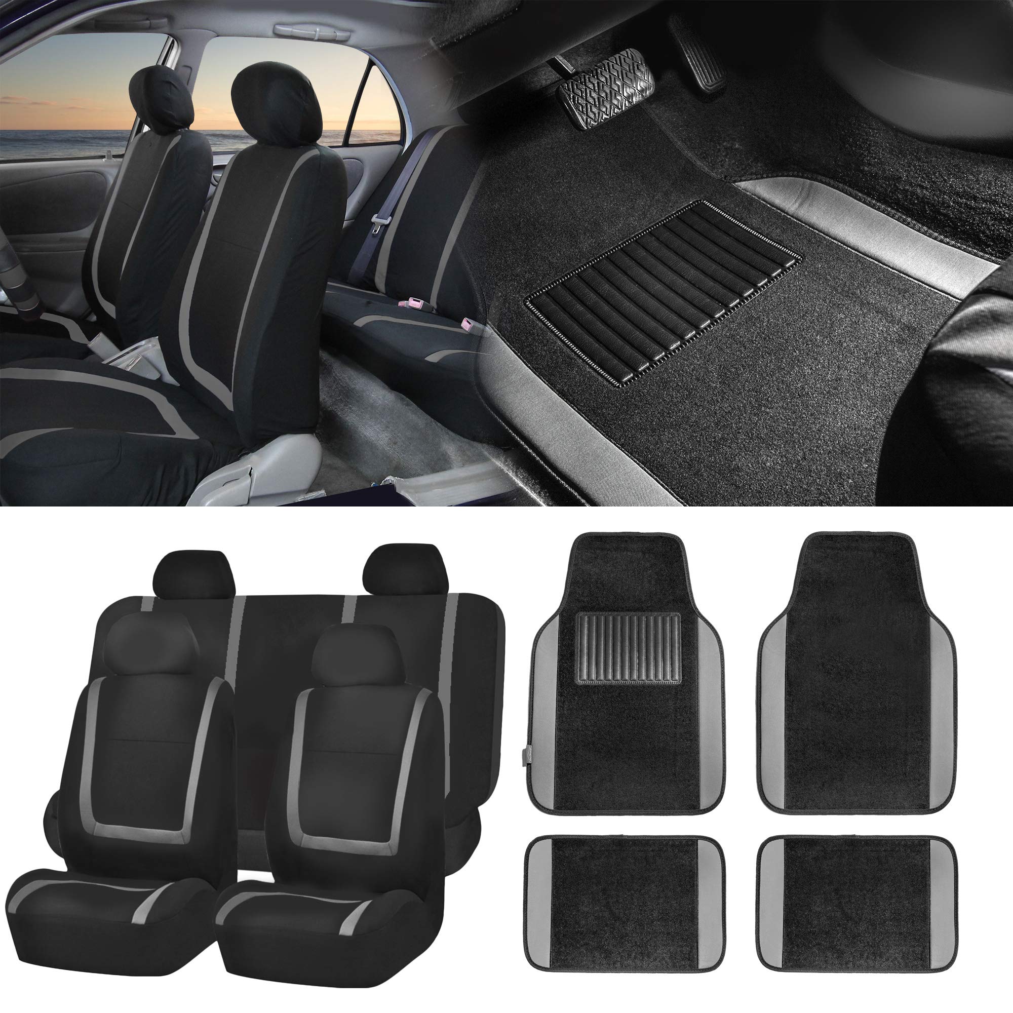 TLH Unique Flat Cloth Universal Car Seat Covers Full Set with Matching Floor Mats - Gray Color for Sedans, SUVs & Vans | Perfect for Road Trips, Daily Commutes & Family Travel