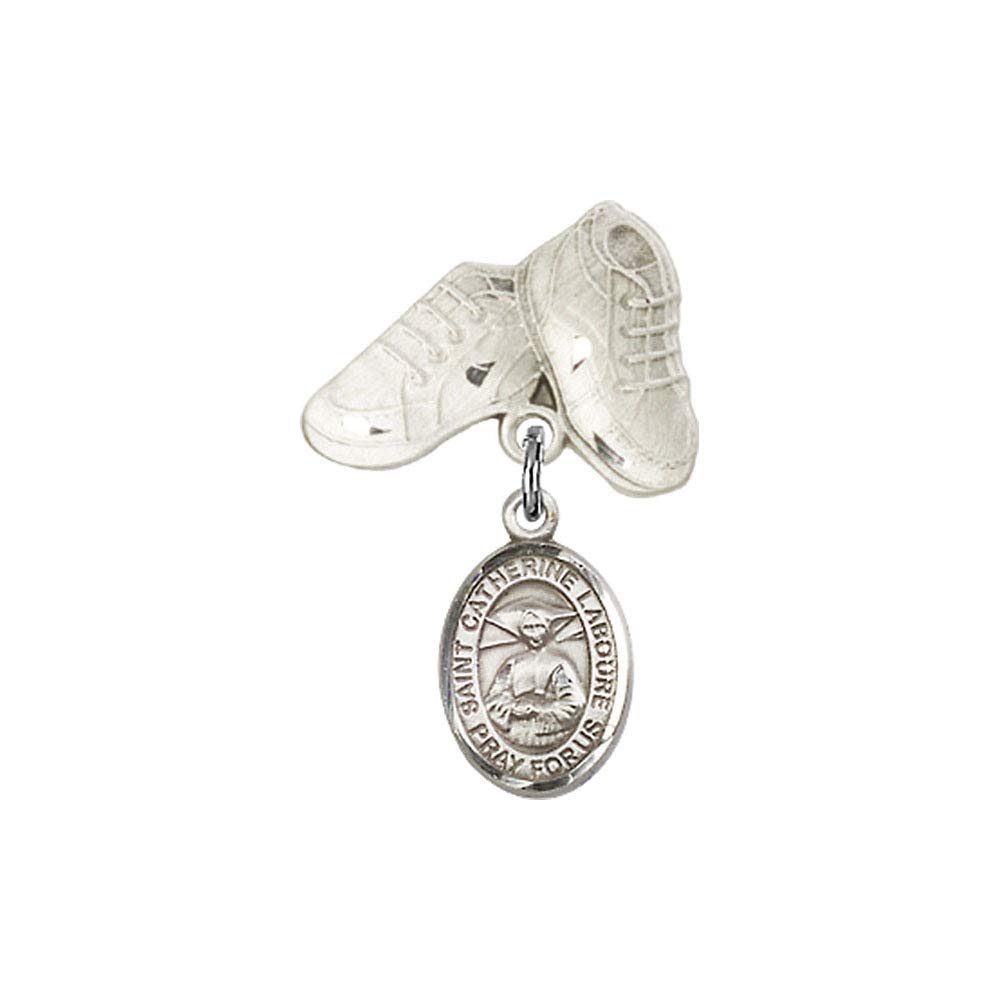 TONYS JEWELRY CO. Sterling Silver Baby Badge with St. Catherine Laboure Charm & Baby Boots Pin - Religious Jewelry Gift for Baptism, Christening & Newborn Blessings