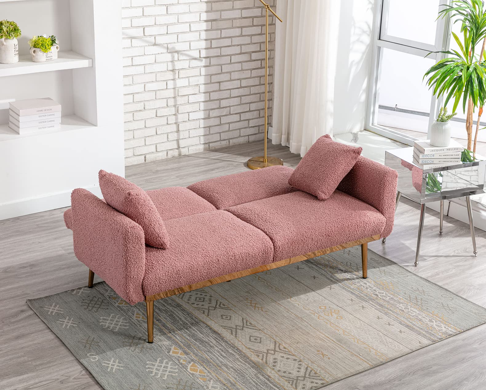 Antetek Convertible Futon Sofa Bed - 3 Adjustable Positions, Modern Upholstered Loveseat Sleeper with 2 Decorative Pillows & 5 Metal Tapered Legs in Soft Brush Pink Teddy Fabric - Perfect for Small Apartments, Guest Rooms, and Cozy Living Spaces