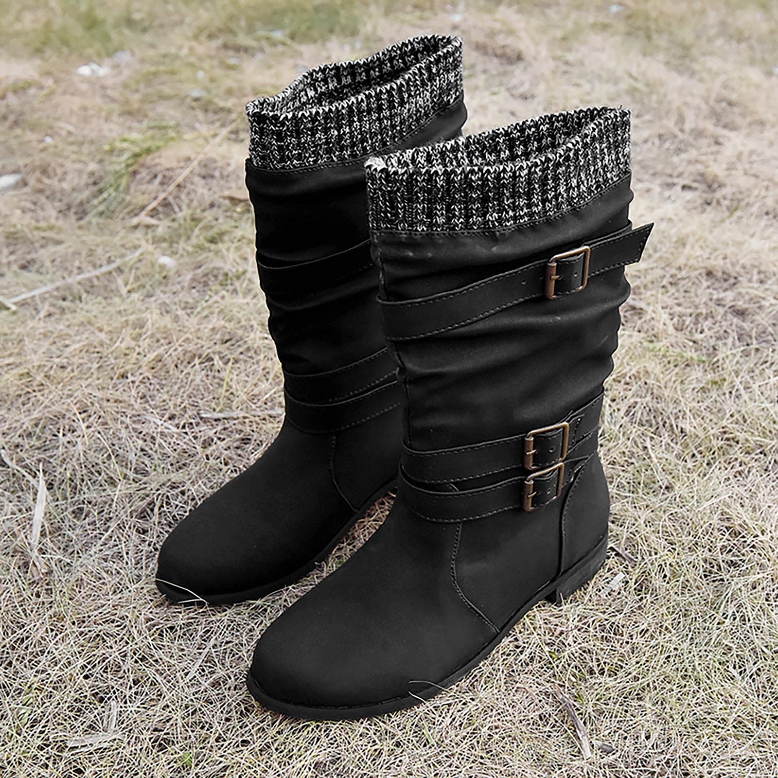 oiangi Women's Winter Fashion Boots - Round Toe Buckle Strap Chunky Heel Slip-On Mid Calf Boots - Retro Comfortable Casual Ladies Shoes for Daily Wear, Office & Outings