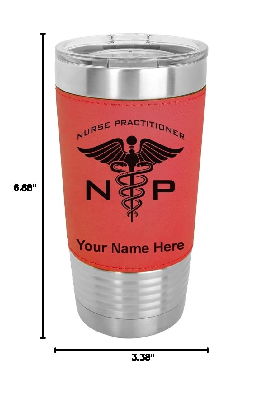 LaserGram 20oz Vacuum Insulated Stainless Steel Tumbler with Personalized Engraving - NP Nurse Practitioner Gift, Faux Leather Handle, Red - Perfect for Coffee, Tea & Cold Drinks at Work or Travel