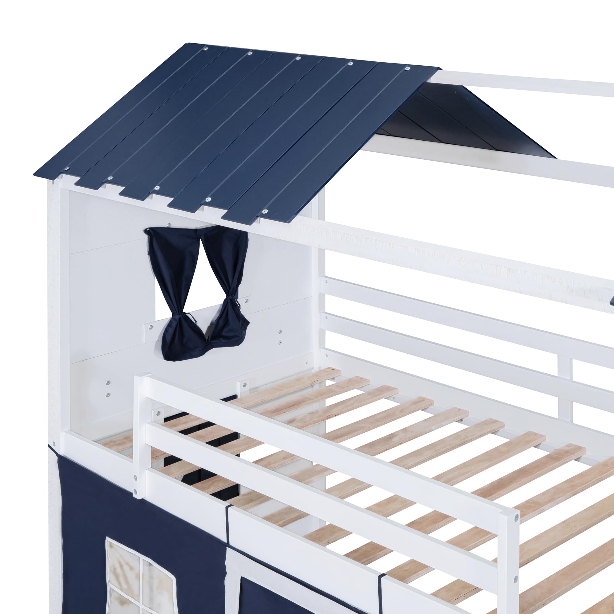 Harper & Bright Designs Twin Over Twin Wooden Bunk Bed with Elegant Windows, Sills & Tent - Blue & White House Bed for Kids' Room, Sleepovers & Space-Saving Bedroom Solutions